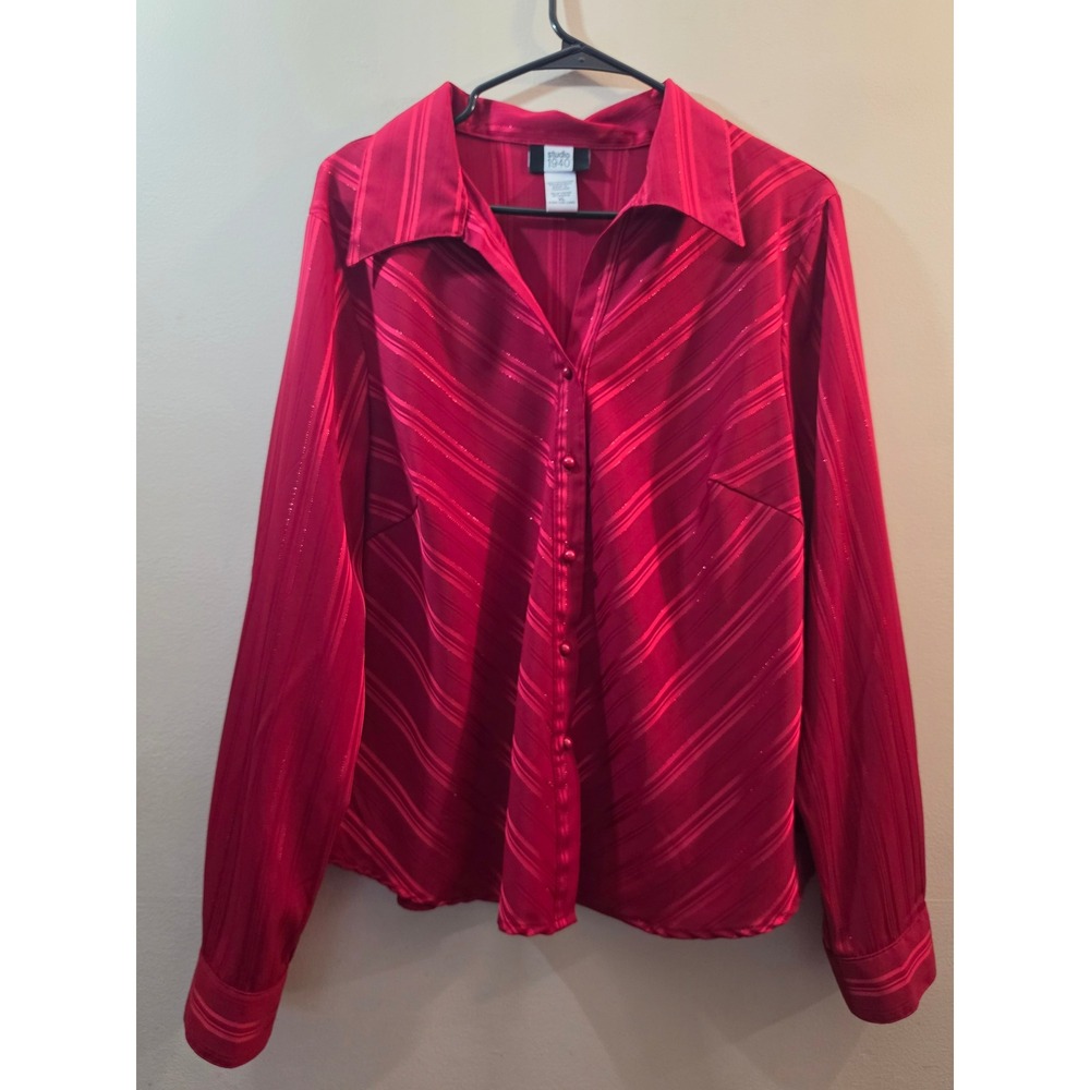 Woman's‎ Red Striped Button Up Blouse Long Sleeve XL